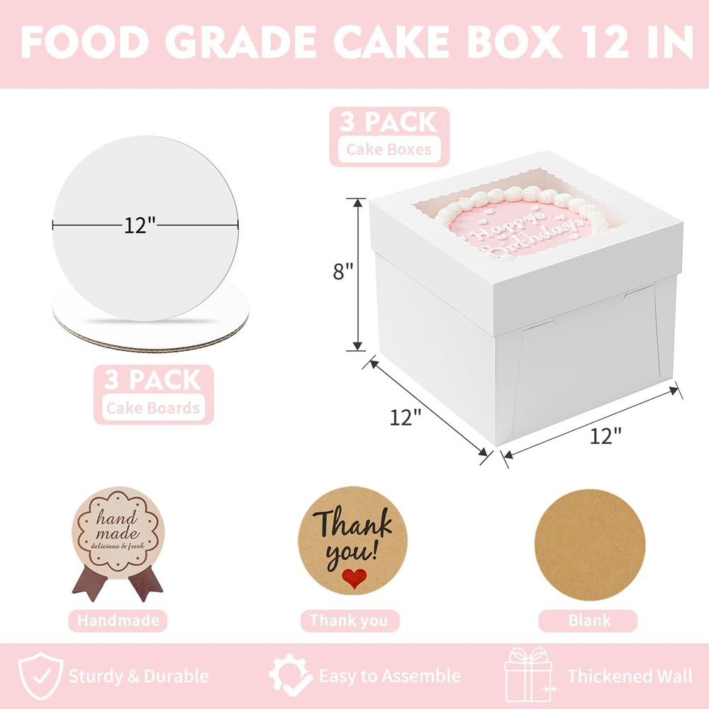 5 Pack Cake Boxes 12 Inch, White Square Cake Boxes with Cake Boards, Disposab...