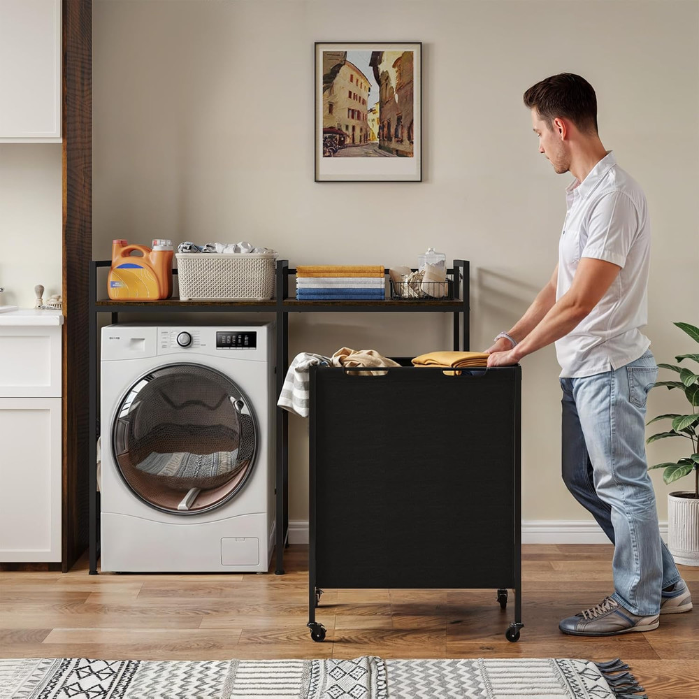 Rolling Laundry Cart with Shelves & Hooks - Over Washer Storage Solution 55"H