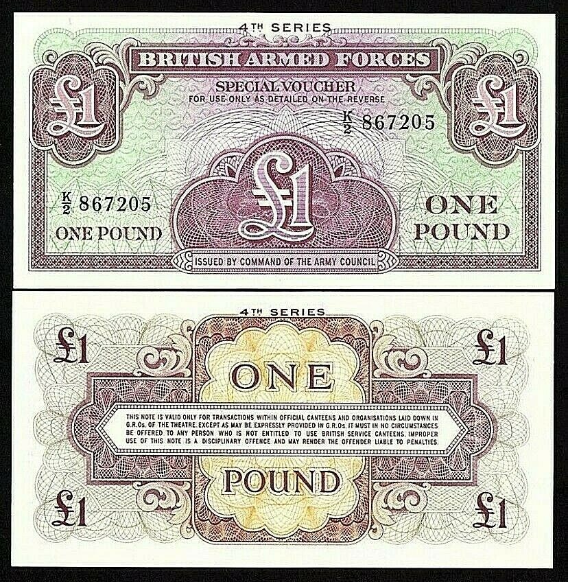 BRITISH ARMED FORCES 1 POUND NOTE 1962 UNC BANKNOTE 4TH SERIES VOUCHER P-M36A