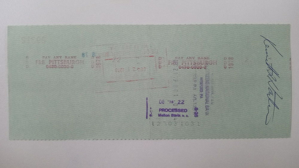 Kenneth R. Hartman: 1978 Pittsburgh Pirates Expense Check