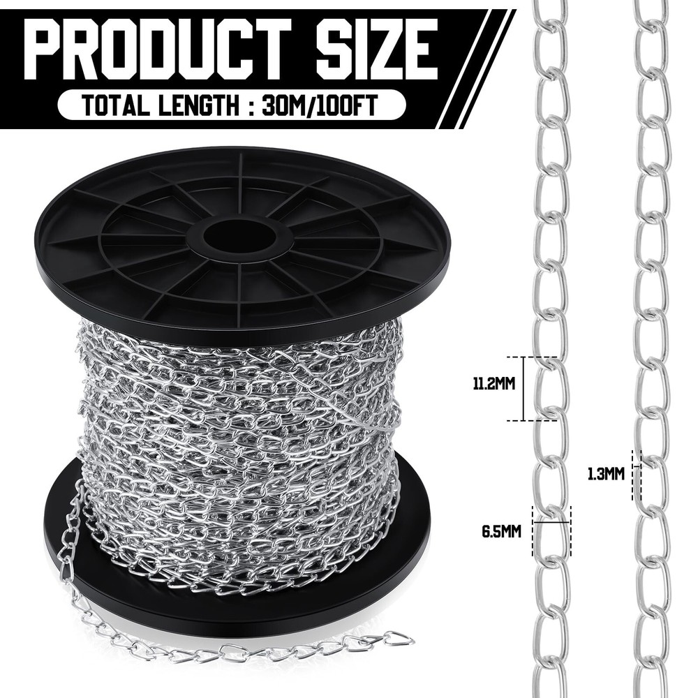 100 ft Jack Chain Galvanized Steel Hanging Chain Link Chain Silver Chain Roll...