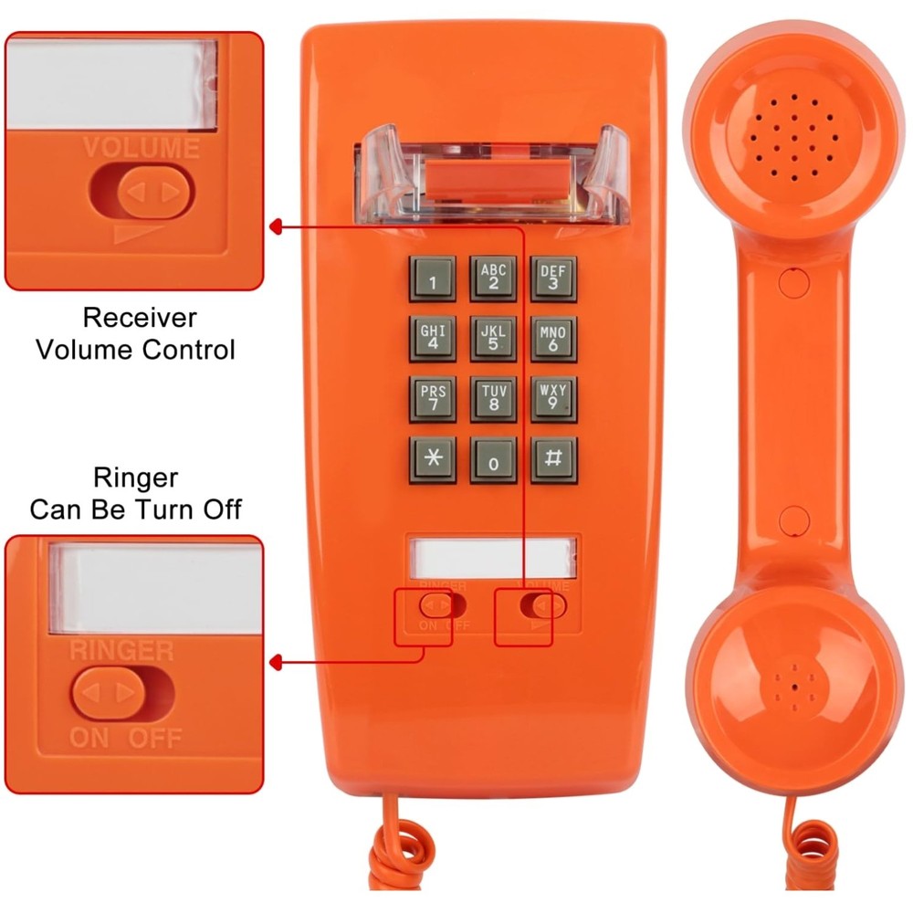 Classic Orange Wall Phone, Loud Mechanical Ring=