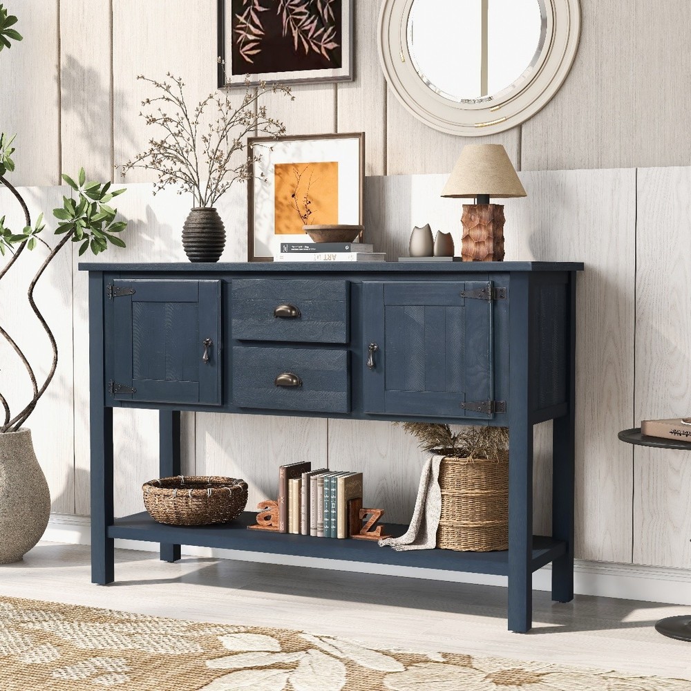 46'' Retro Solid Wood Sideboard Console Table w/Bottom Shelf & Storage Cabinets