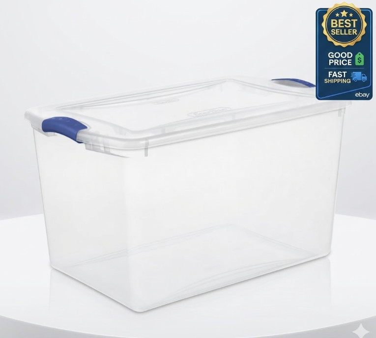 66QT Large Latching Storage Bin, Clear Plastic Container with Blue Lid