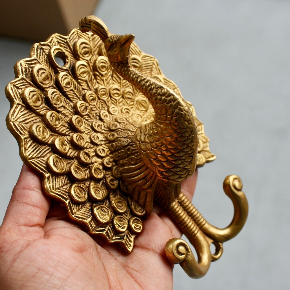 Antique Solid Brass Peacock coat hook rustic VTG bronze hook mid century modern