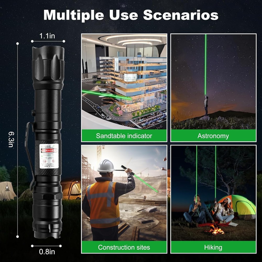 Rugged Green Laser Pointer - Long Range with USB Charging and Adjustable Light