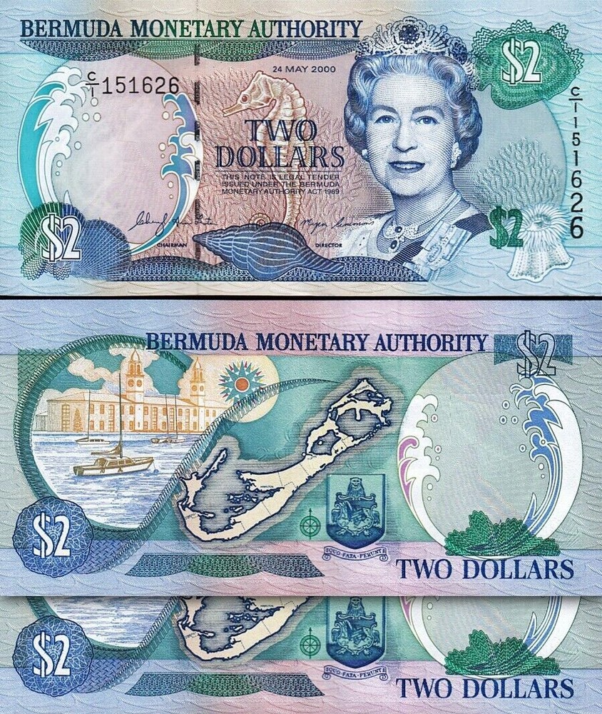 Bermuda 2 Dollars 2000, UNC, 2 Pcs PAIR, Consecutive, P-60a, Prefix C/I