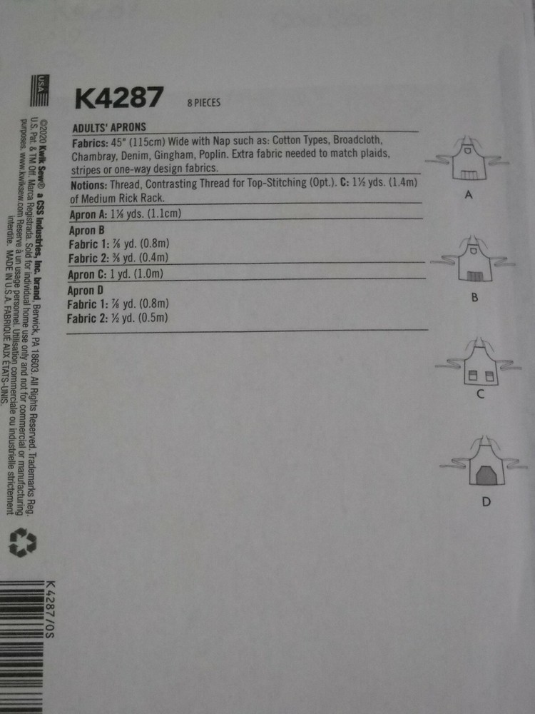 Aprons Adult sizes Kwik Sew 4287 Sewing Pattern *