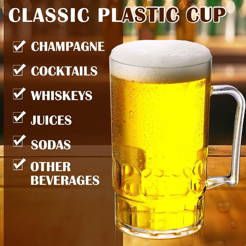 12 Pcs Clear Plastic Beer Stein Mug with Handle Shatter Resistant Large Dimpl...