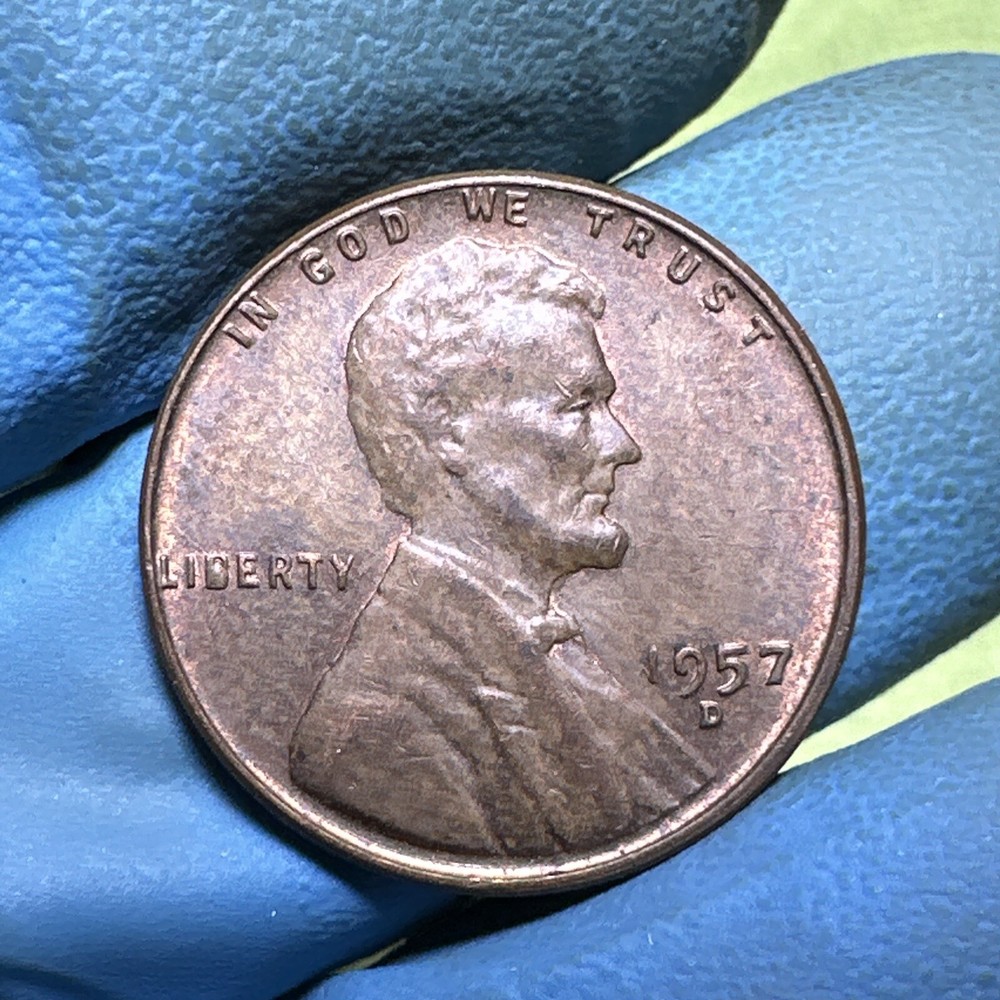 1957 D ERROR  Wheat Penny / Die Chip Error Filled B