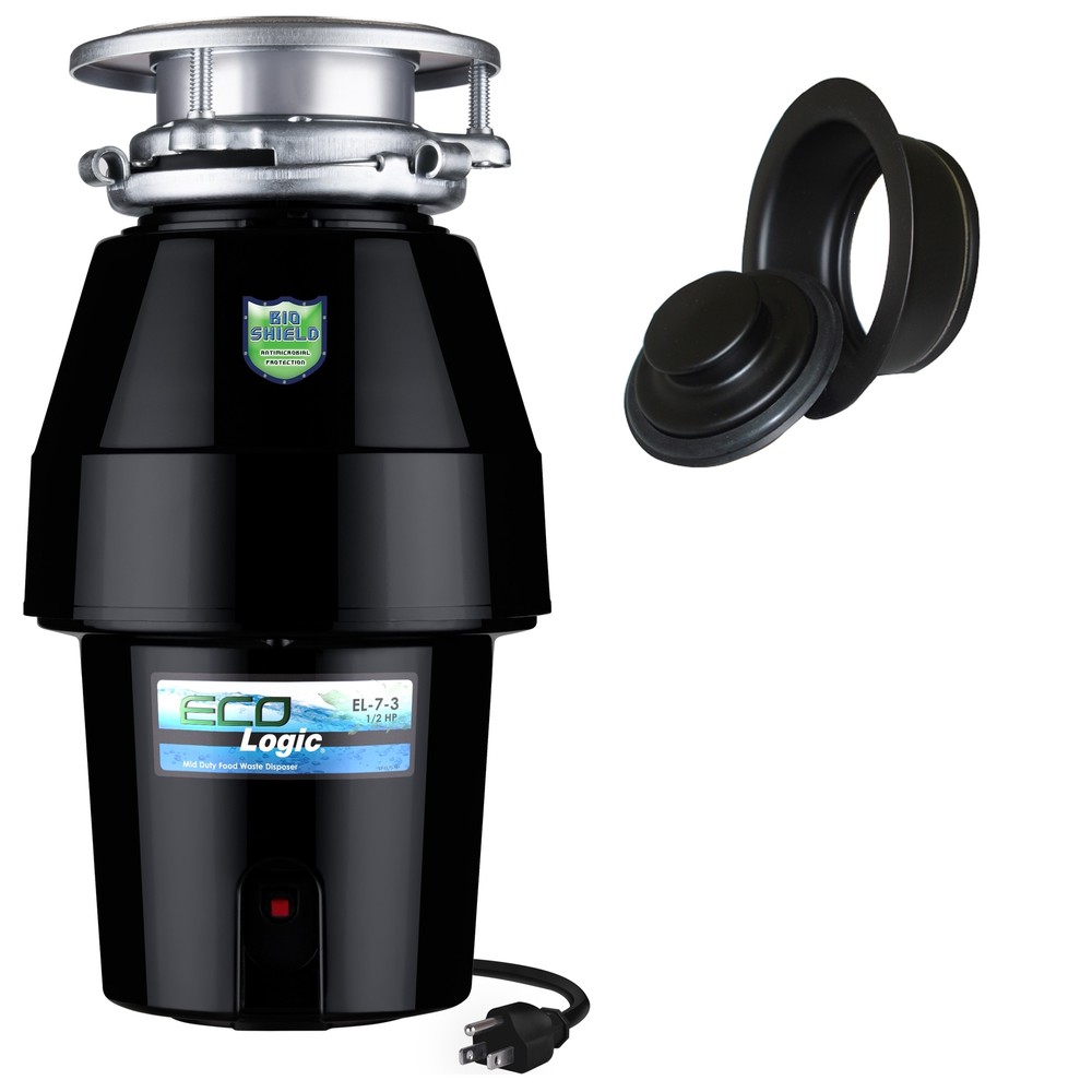 Eco Logic 1/2 HP Anti-Jam Quiet Garbage Disposal, Black Sink Flange and Stopper