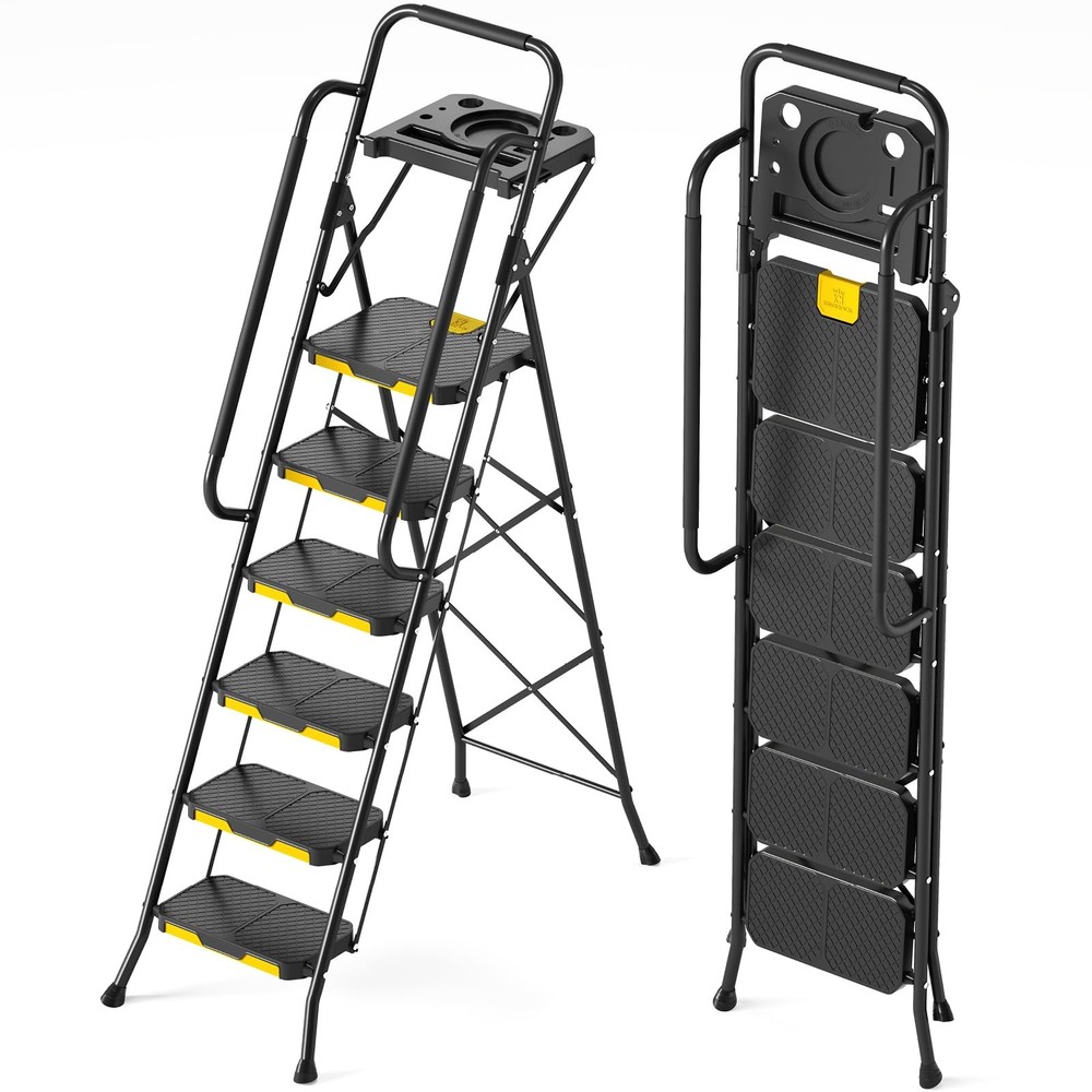 KINGRACK 6 Step Ladder with Tool Platform, 6-Step Handrail, Black&yellow