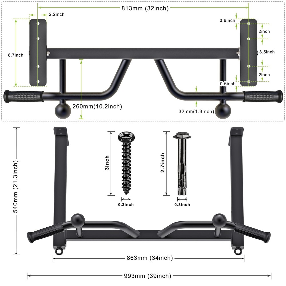 32" Ceiling Mounted Pull Up Bar - Heavy Duty, Highly Adjustable, Multifunctio...