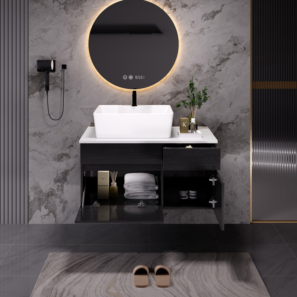 Modern Small Floating Single Bathroom Vanity with Ceramic Sink & Drawer,Black