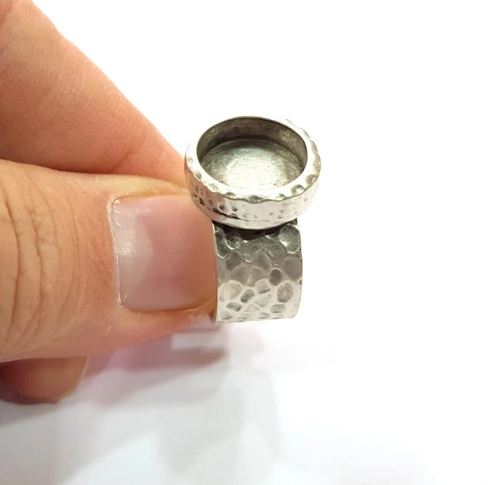 Hammered Ring Blank Setting Base Bezel inlay Backs Cabochon Antique Silver 12mm