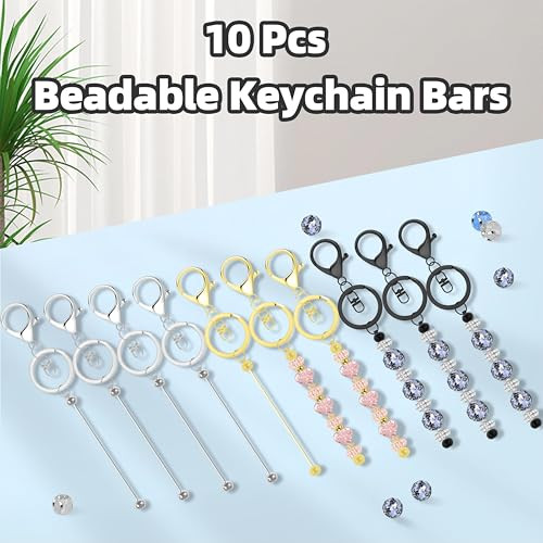 10 Pcs Beadable Keychain Bars, Blanks Bead Keychain Making Kit, Bulk Silver