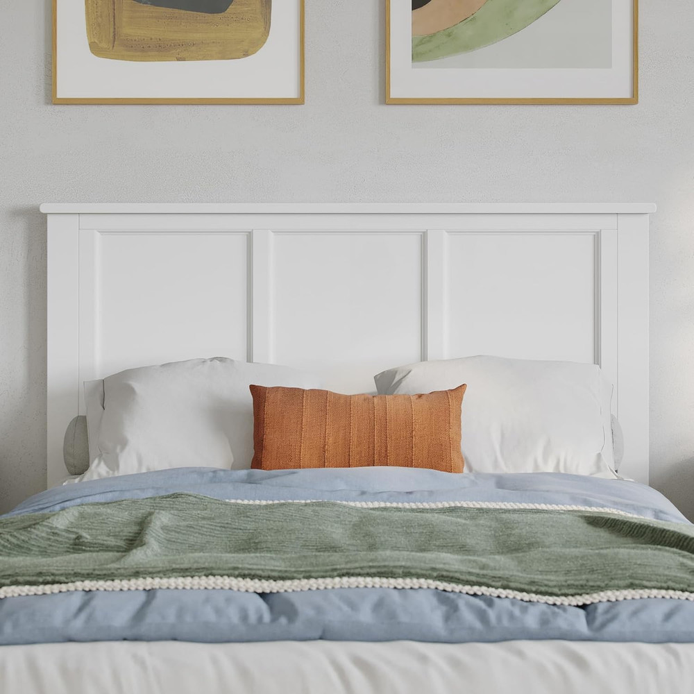 MadISON White Solid Wood Panel Headboard with Charger for Modern Bedrooms