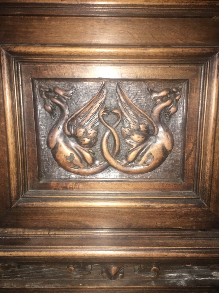 Antique Renaissance Carved Figural Cabinet Cupboard Devil Faces Dragons Griffins