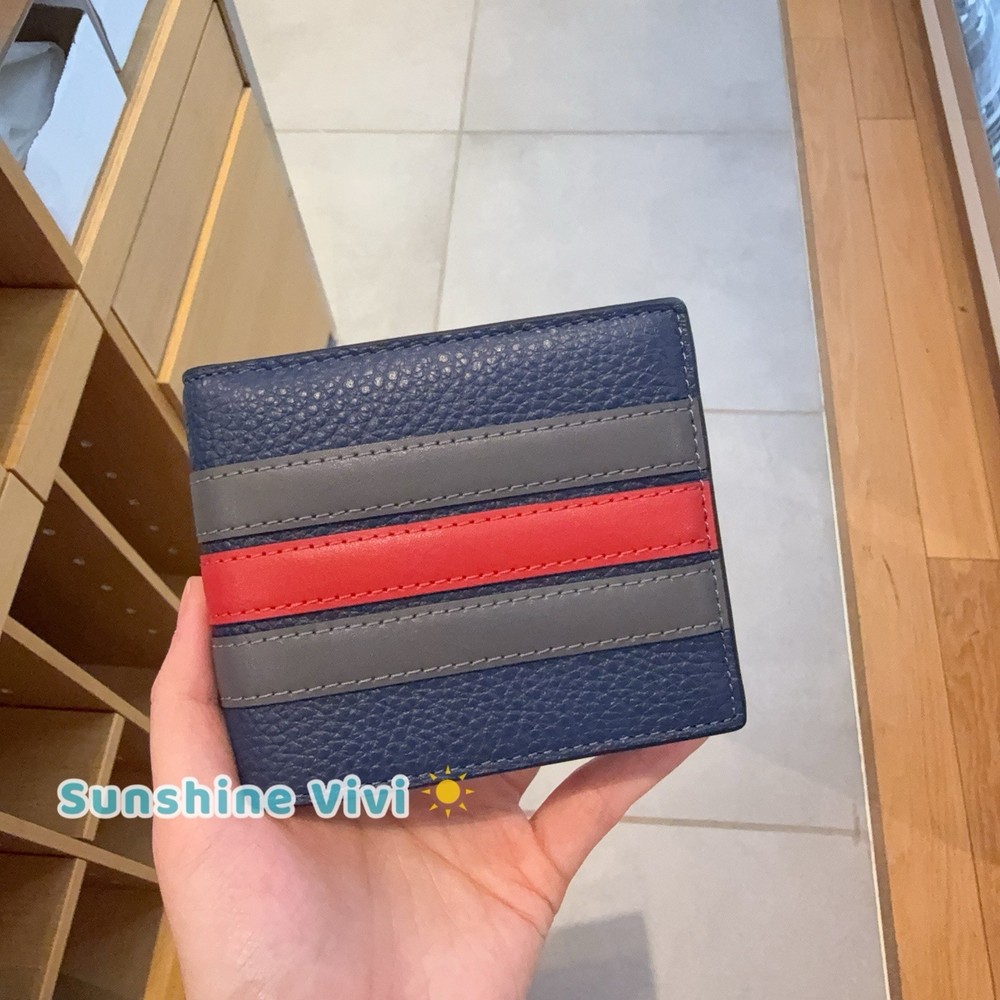 NWT Coach Id Billfold Wallet With Varsity Stripe Deep Blue Multi CDC89