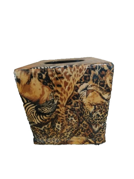 wild animal print patchwork tissue box cover resin over fabric