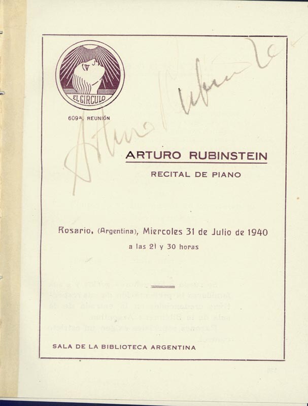 ARTHUR RUBINSTEIN - PROGRAM SIGNED 07/31/1940 WITH CO-SIGNERS