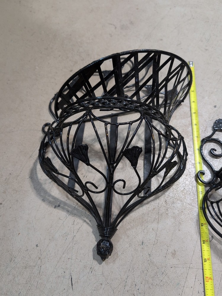 Pair Vintage Scrollwork Wrought Iron Wall Sconces Caged Floral Baskets