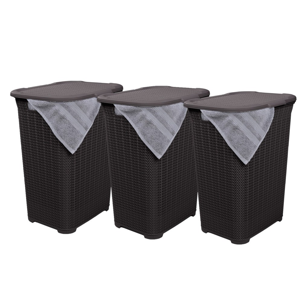 Plastic Laundry Hamper with Lid 50 Liter , Brown 3 Pack Knit Designed, Durable