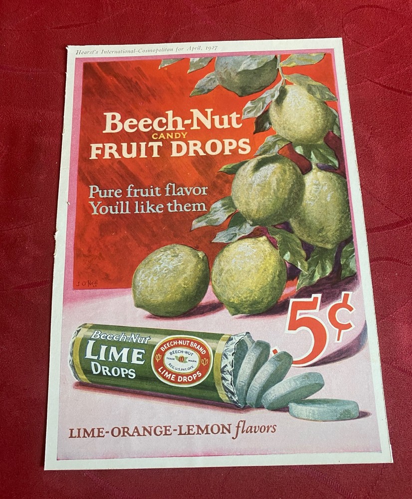 1927 Beech-Nut Candy Fruit Lime Drops Display Ad Sign Card Stock
