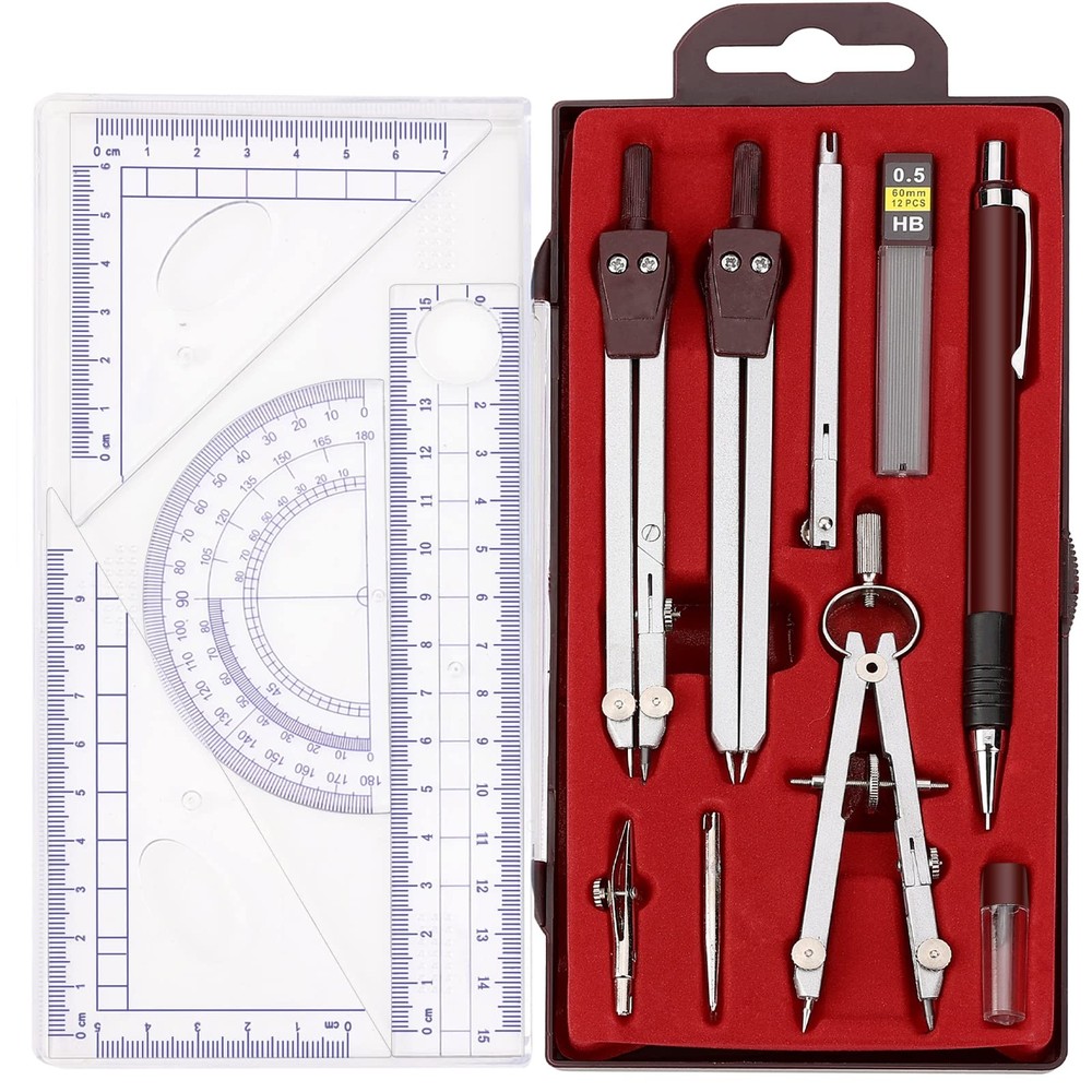 Compass Geometry Tool, 13PCS and Protractors Set Math Brown