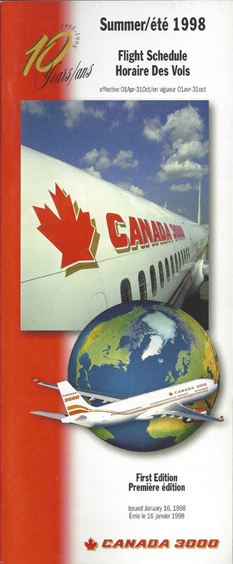 Canada 3000 system timetable 4/1/98 [0101] Buy 4+ save 25%