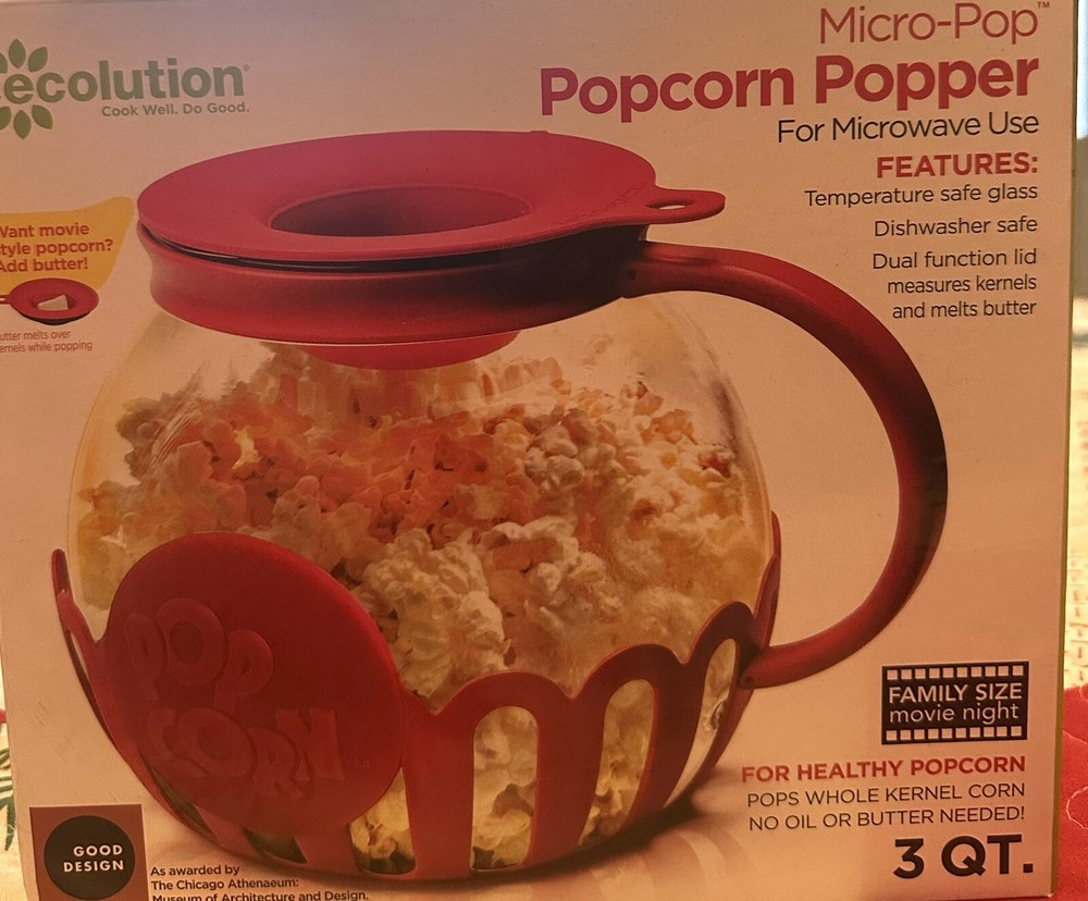 Microwave Popcorn Popper Glass Red Ecolution Micro-Pop 3 Quart In box easy clean