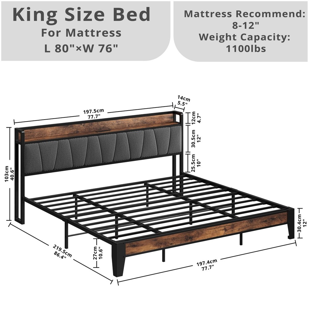 LIKIMIO King Size Bed Frame, Storage Headboard with Charging Station, Solid a...