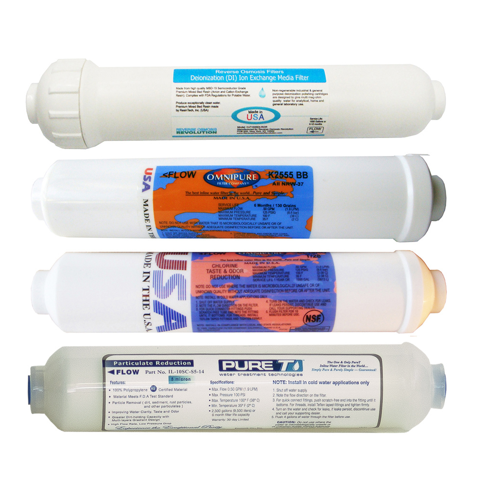 4 inline Filter Set for Countertop RO Reverse Osmosis System, incl double DI bed