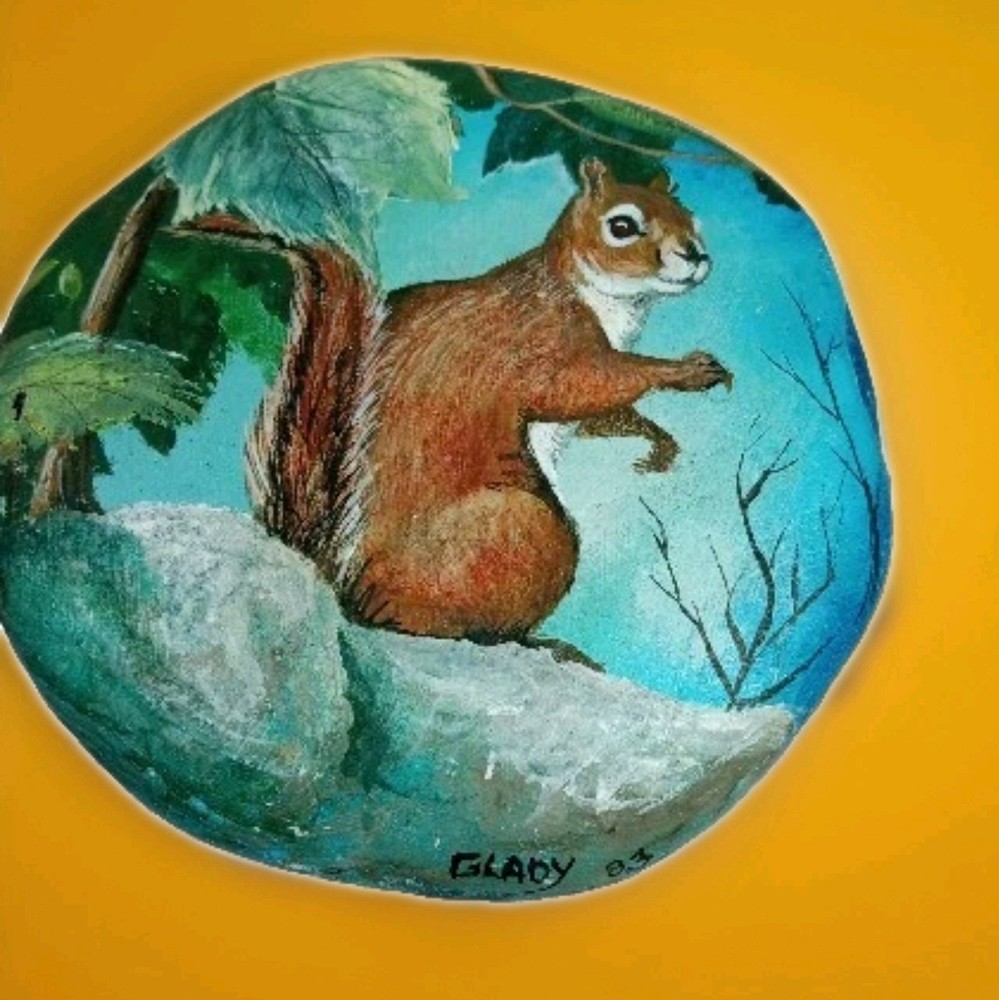 hand painted ROCK SQUIRREL ~5" X 5" COTTAGE CORE SIGNED ARTWORK