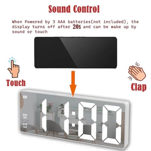 Small Digital Alarm Clock, Mirror Surface LED White Case + White Digit