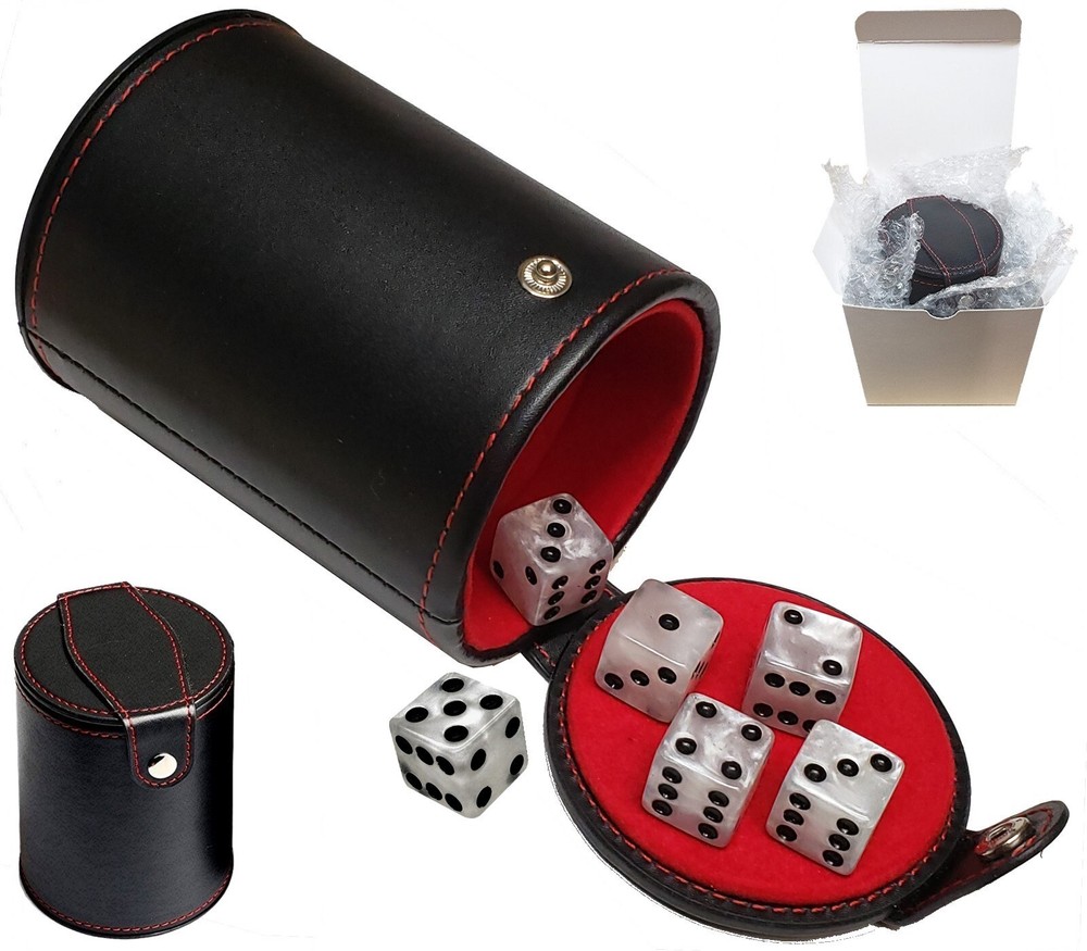 Set (6) Marbleized Dice Pearl + PU Leather Red Felt Lined Cup Compartment Boxed