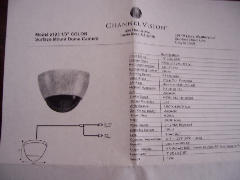 Channel Vision Surface Mount Dome Camera Model 6103 1/3" Color - return