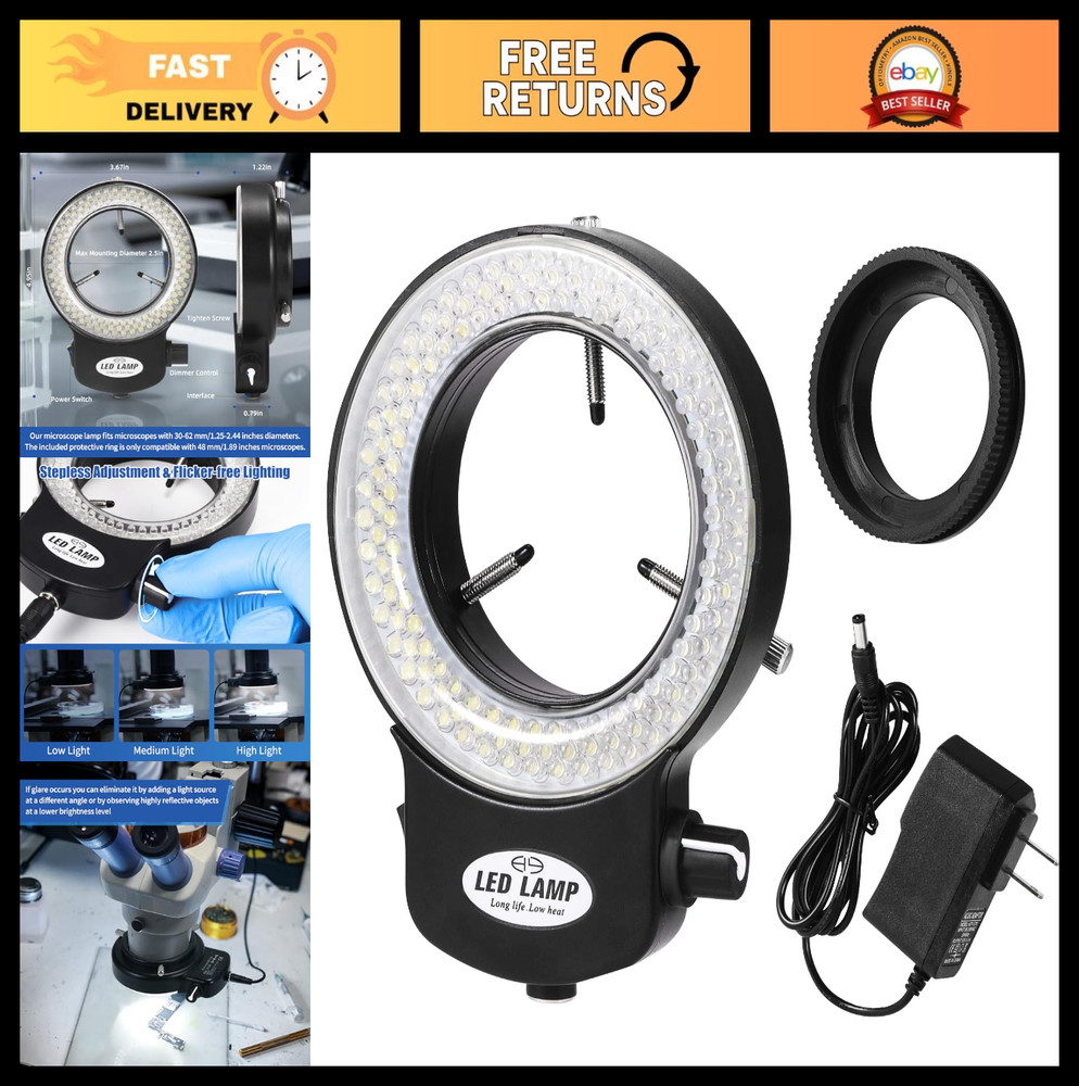 144 LED Ring Microscope Light - Adjustable Illuminator for Lab, Stereo, Camera &