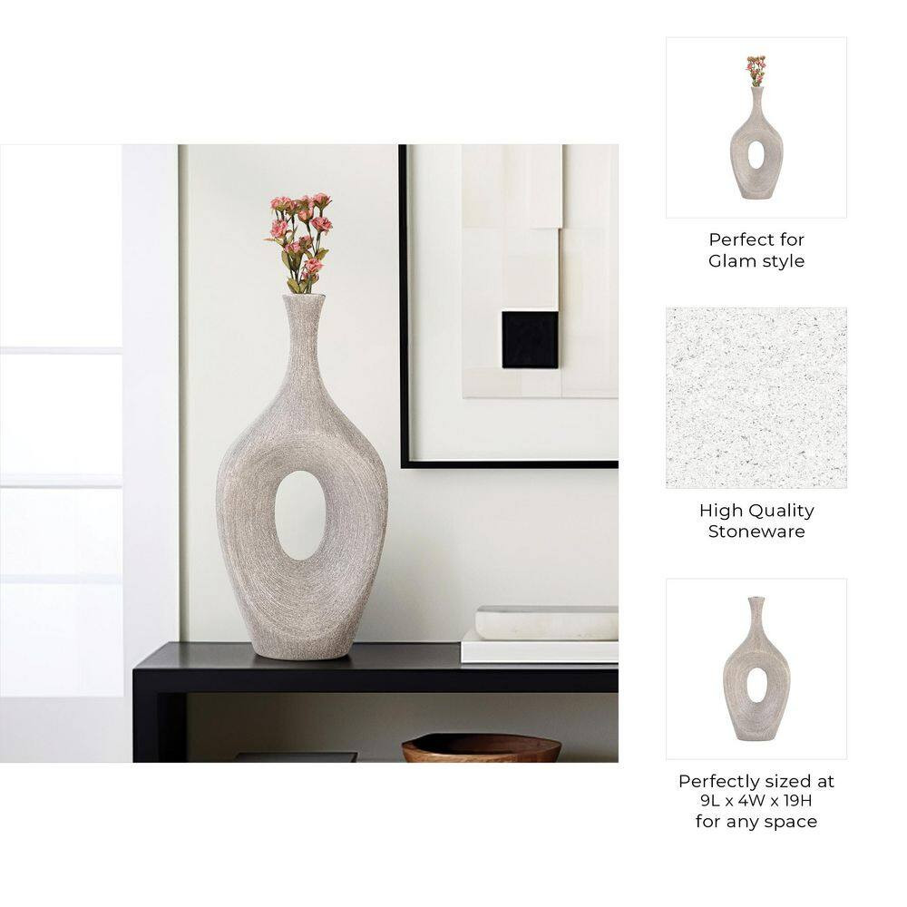 19 In. Silver Stoneware Beaded Open Cut Oval Decorative Vase