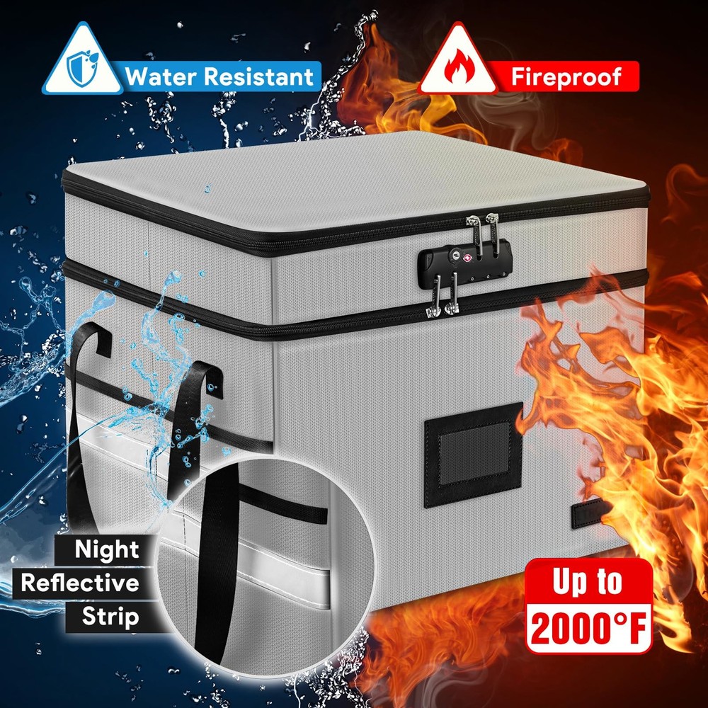Fireproof Document Box with Lock, 2-Layer File Box Storage Organizer with 5 T...