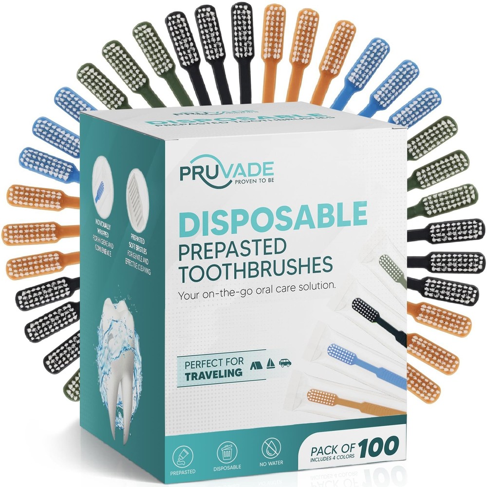 100 Pack Disposable Toothbrushes with Toothpaste, Built in - Prepasted Toothb...