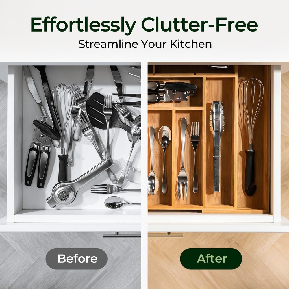 Carbonized Bamboo Kitchen Drawer Organizer, 10 Slots Expandable Silverware Or...