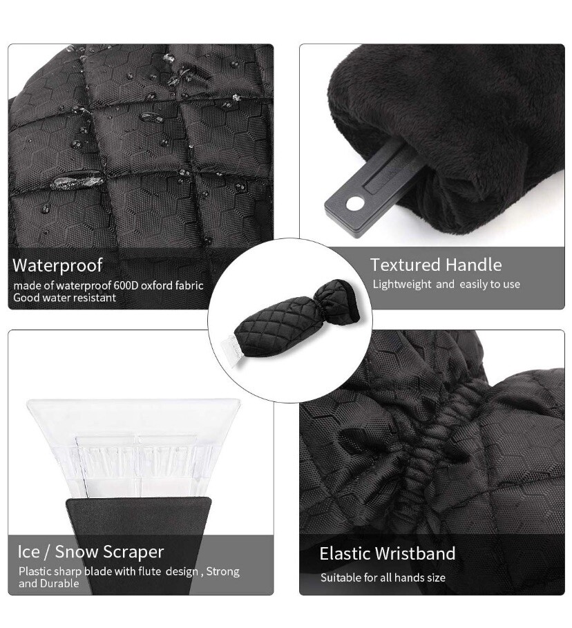 2-Pack Elastic Wristband Windscreen Ice Scraper Mitts Waterproof - Black