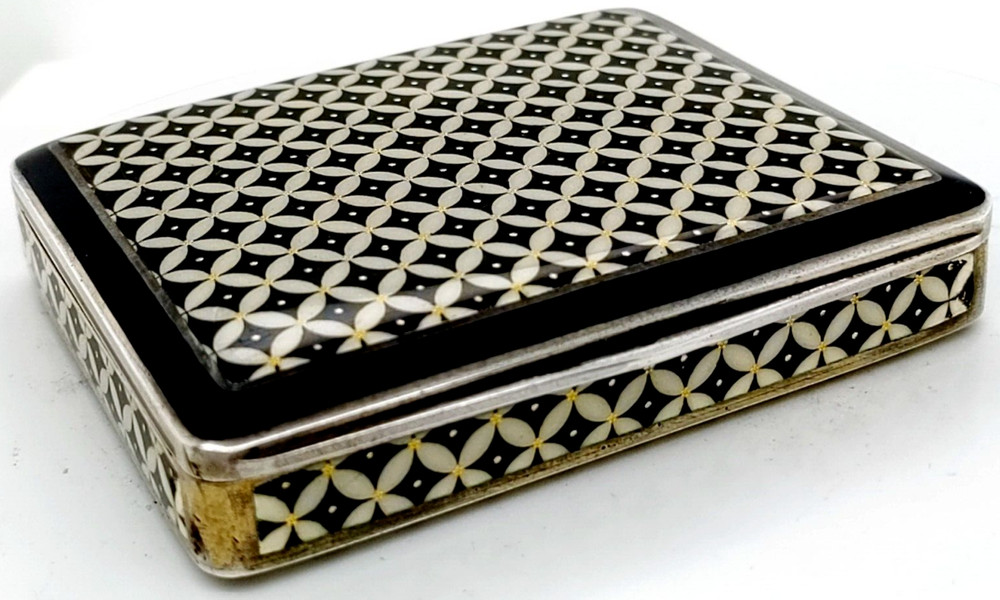 Unusual Silver Square Enamel Box with Geometric Pattern