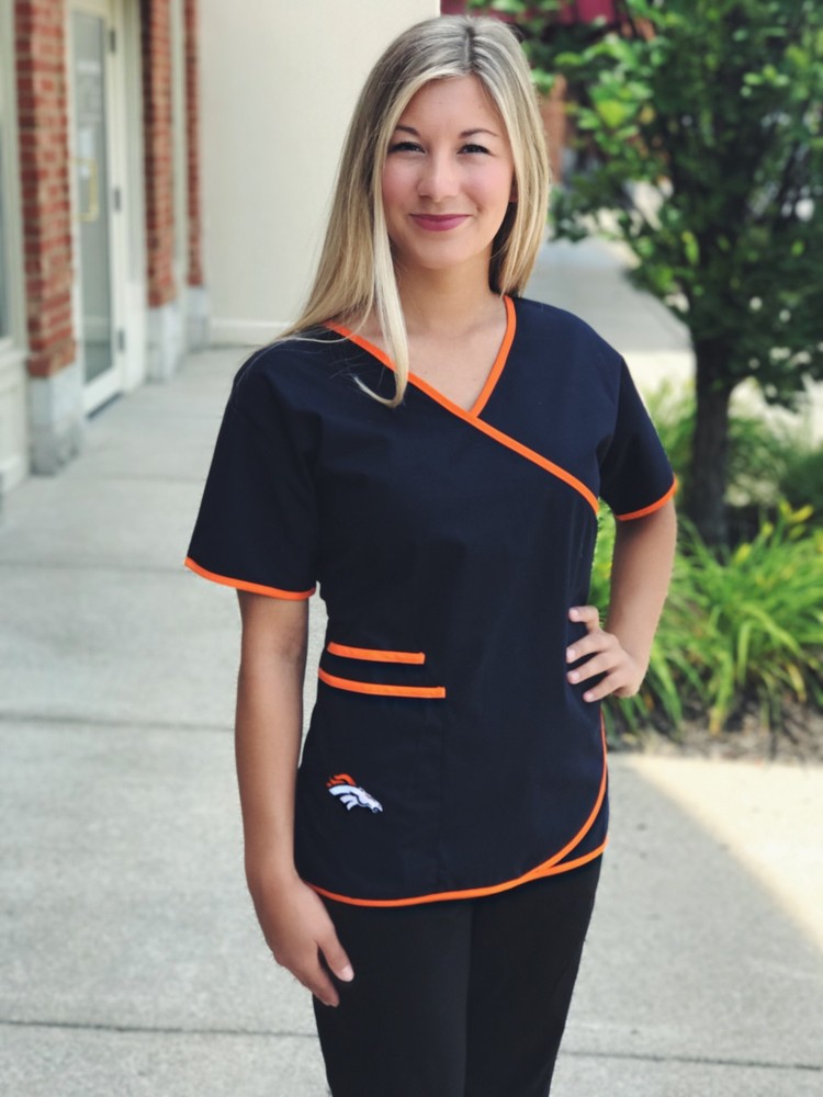 Denver Broncos Women's Mock Wrap Scrub Top