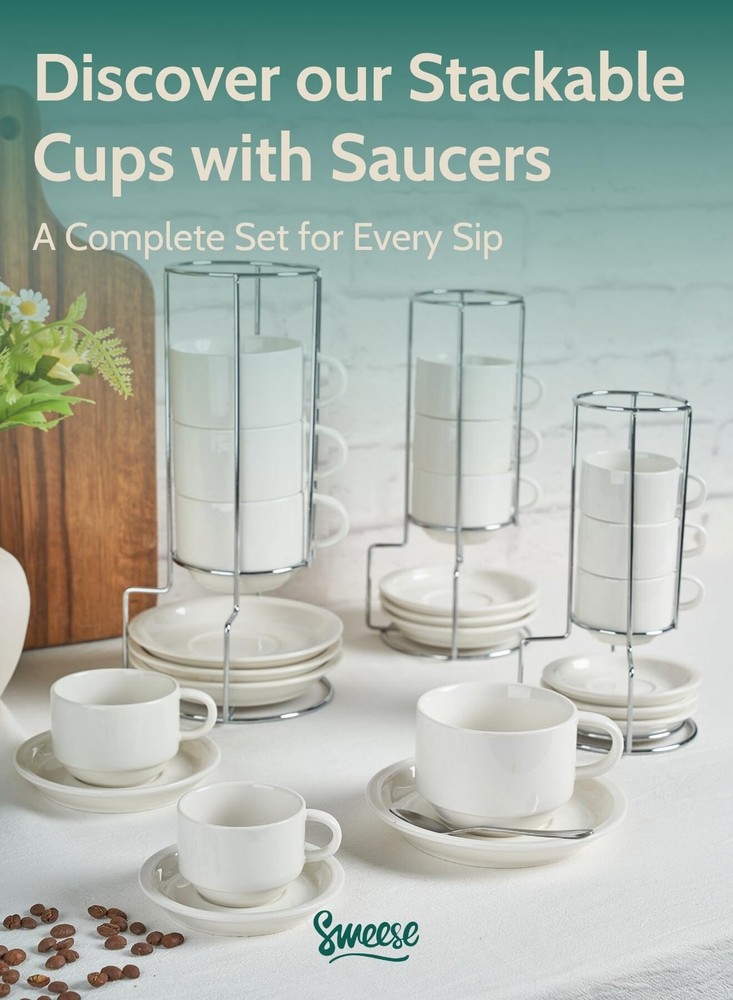 Sweese 2.5 Ounce Porcelain Stackable Espresso Cups with Ounces, White