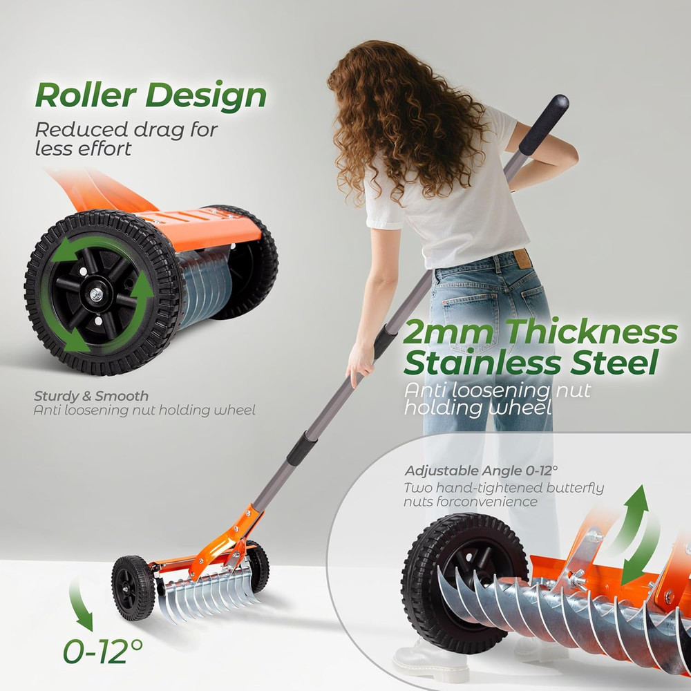 Dethatching Roller Rake with 76.8'' Adjustable Handle, 2Mm Stainless Steel Blade