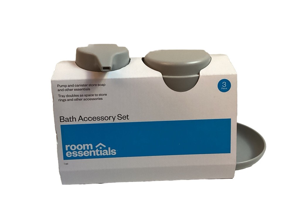 Room Essentials~ 3pc Gray Bath Bundle Set: Soap Tray & Pump & Canister