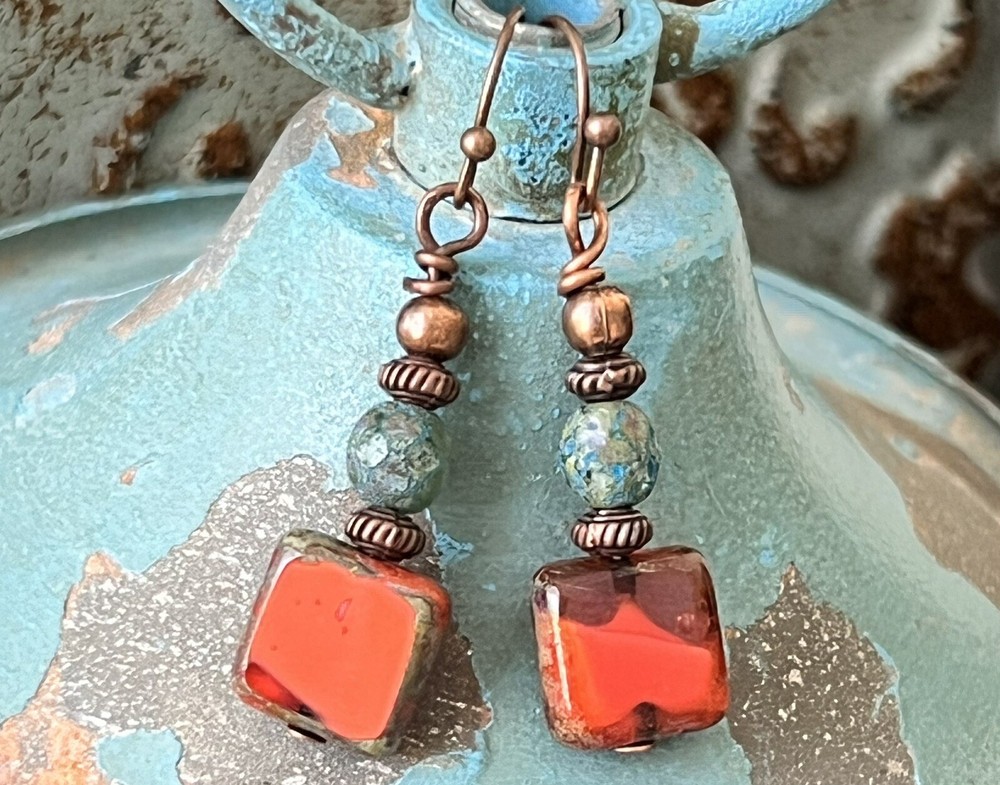 Copper, Rustic Coral and Teal Dangle Earrings.