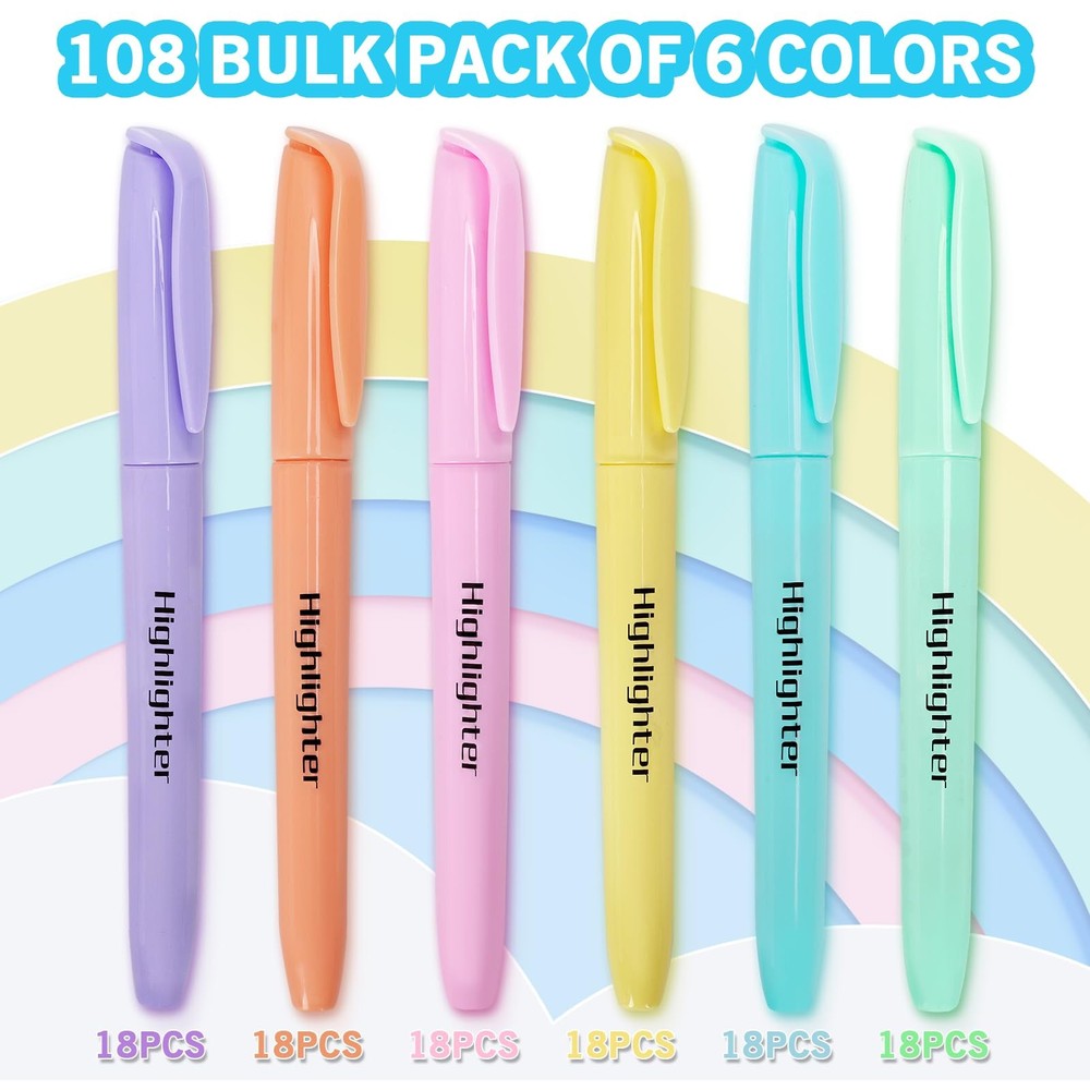 Chisel Tip Highlighters Bulk Assorted Colors Study pens 108 Pack